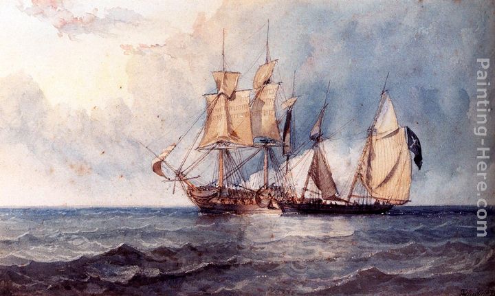 A Man-O-War And Pirate Ship At Full Sail On Open Seas painting - Clarkson Stanfield A Man-O-War And Pirate Ship At Full Sail On Open Seas art painting